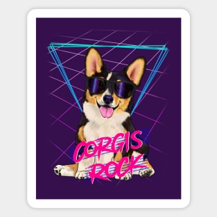 Corgis rock - Tri-color corgi with sunglasses and 80s background Magnet